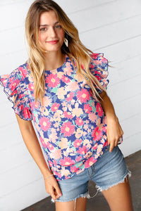 Peach/Navy Floral Chiffon Smocked Ruffle Sleeve Top