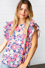 Load image into Gallery viewer, Peach/Navy Floral Chiffon Smocked Ruffle Sleeve Top