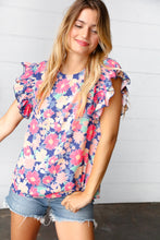 Load image into Gallery viewer, Peach/Navy Floral Chiffon Smocked Ruffle Sleeve Top