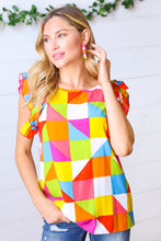 Load image into Gallery viewer, Multicolor Geometric Double Ruffle Sleeve Crinkle Top