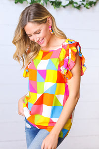 Multicolor Geometric Double Ruffle Sleeve Crinkle Top