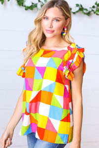 Multicolor Geometric Double Ruffle Sleeve Crinkle Top