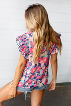 Load image into Gallery viewer, Peach/Navy Floral Chiffon Smocked Ruffle Sleeve Top
