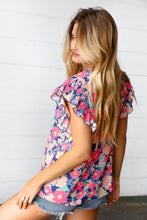 Load image into Gallery viewer, Peach/Navy Floral Chiffon Smocked Ruffle Sleeve Top