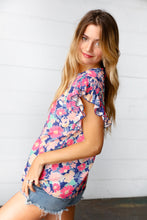 Load image into Gallery viewer, Peach/Navy Floral Chiffon Smocked Ruffle Sleeve Top