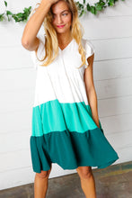 Load image into Gallery viewer, Seafoam &amp; Emerald Tiered Frill Sleeve Midi Dress