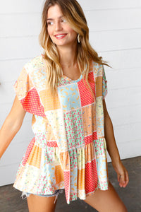 Coral & Peach Boho Patchwork Babydoll Woven Top