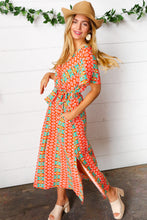 Load image into Gallery viewer, Orange Boho Print Surplice Sash Belt Midi Dress