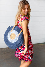 Load image into Gallery viewer, Blue Braided Raffia Circle Lined Tote Bag