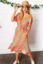 Load image into Gallery viewer, Orange Boho Print Surplice Sash Belt Midi Dress
