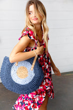 Load image into Gallery viewer, Blue Braided Raffia Circle Lined Tote Bag