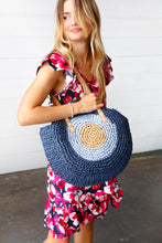 Load image into Gallery viewer, Blue Braided Raffia Circle Lined Tote Bag