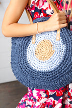 Load image into Gallery viewer, Blue Braided Raffia Circle Lined Tote Bag