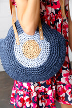 Load image into Gallery viewer, Blue Braided Raffia Circle Lined Tote Bag