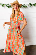 Load image into Gallery viewer, Orange Boho Print Surplice Sash Belt Midi Dress