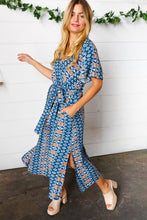Load image into Gallery viewer, Navy Boho Print Surplice Sash Belt Midi Dress