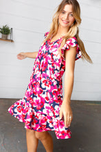 Load image into Gallery viewer, Pink &amp; Navy Floral Babydoll Flutter Sleeve Midi Dress