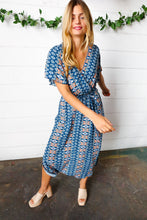 Load image into Gallery viewer, Navy Boho Print Surplice Sash Belt Midi Dress