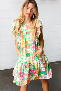 Kelly Green Floral Yoke Woven Gauze Dress