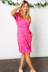 Fuchsia Leopard Surplice V Neck Pocketed Dress