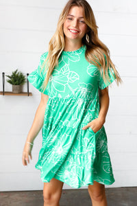 Emerald Green Floral Dolman Sleeve Babydoll Dress