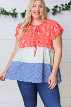 Load image into Gallery viewer, Red &amp; Blue Color Block Tiered Tie Neck Top