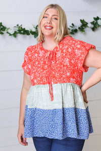 Red & Blue Color Block Tiered Tie Neck Top