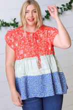 Load image into Gallery viewer, Red &amp; Blue Color Block Tiered Tie Neck Top