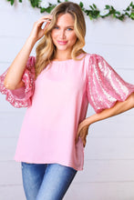 Load image into Gallery viewer, Pink Sequin Puff Sleeve Woven Top