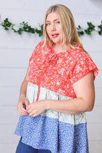 Load image into Gallery viewer, Red &amp; Blue Color Block Tiered Tie Neck Top