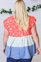 Load image into Gallery viewer, Red &amp; Blue Color Block Tiered Tie Neck Top