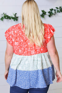 Red & Blue Color Block Tiered Tie Neck Top