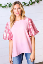 Load image into Gallery viewer, Pink Sequin Puff Sleeve Woven Top