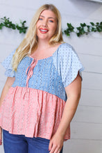 Load image into Gallery viewer, Blue &amp; Pink Polka Dot Floral Tie Front Babydoll Top