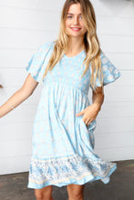 Load image into Gallery viewer, Light Blue Paisley Fit and Flare Smocked Midi Dress