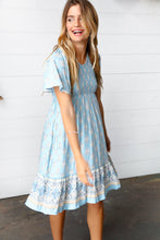 Load image into Gallery viewer, Light Blue Paisley Fit and Flare Smocked Midi Dress