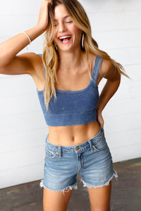 Navy Washed Rib Cropped Square Neck Tank
