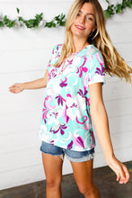 Load image into Gallery viewer, Turquoise &amp; Purple Flat Floral Print Top
