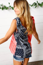 Load image into Gallery viewer, Coral &amp; Navy Paisley Shoulder Tie Top