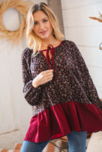 Load image into Gallery viewer, Wine Ditzy Floral Front Tie Ruffle Hem Top