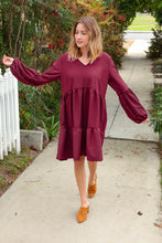 Load image into Gallery viewer, Burgundy V Neck Woven Swing Dress with Pockets