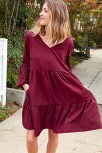 Load image into Gallery viewer, Burgundy V Neck Woven Swing Dress with Pockets