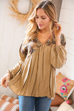 Load image into Gallery viewer, Taupe V Neck Crinkle Paisley and Dot Woven Babydoll Top