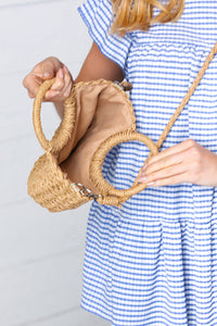 Khaki Rattan Half Moon Cinch Crossbody Bag