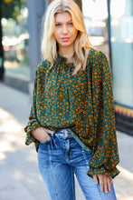 Load image into Gallery viewer, Sweet But Sassy Hunter Green Ditzy Floral Frill Neck Top