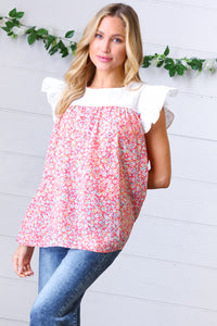 Coral & White Floral Embroidered Yoke Top