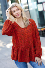 Load image into Gallery viewer, Feeling Bold Rust Leopard Print V Neck Peplum Top