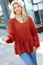 Load image into Gallery viewer, Feeling Bold Rust Leopard Print V Neck Peplum Top