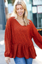 Load image into Gallery viewer, Feeling Bold Rust Leopard Print V Neck Peplum Top