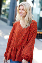 Load image into Gallery viewer, Feeling Bold Rust Leopard Print V Neck Peplum Top